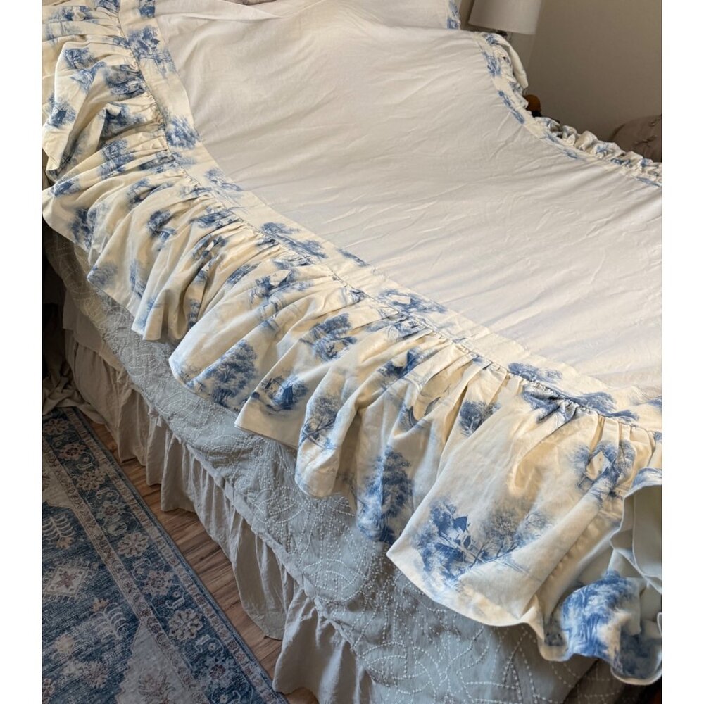 Custom Made French Country Toile  lined Bed Skirt dust Ruffle F/Q Cotton Luxury